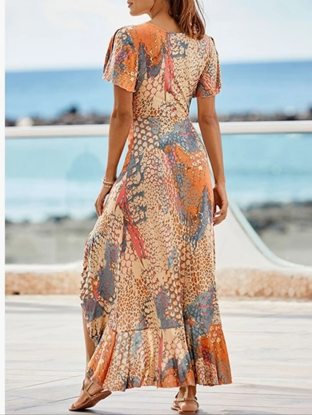 Lascana Maxi Dress — Multi-printed orange asymmetrical Ruffles side slit sz M. - Picture 3 of 16